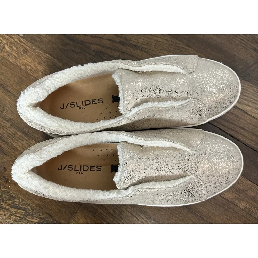 Women's‎ Platform J Slides Nada Gold Metallic Slip On Sherpa Lining Size 7.5